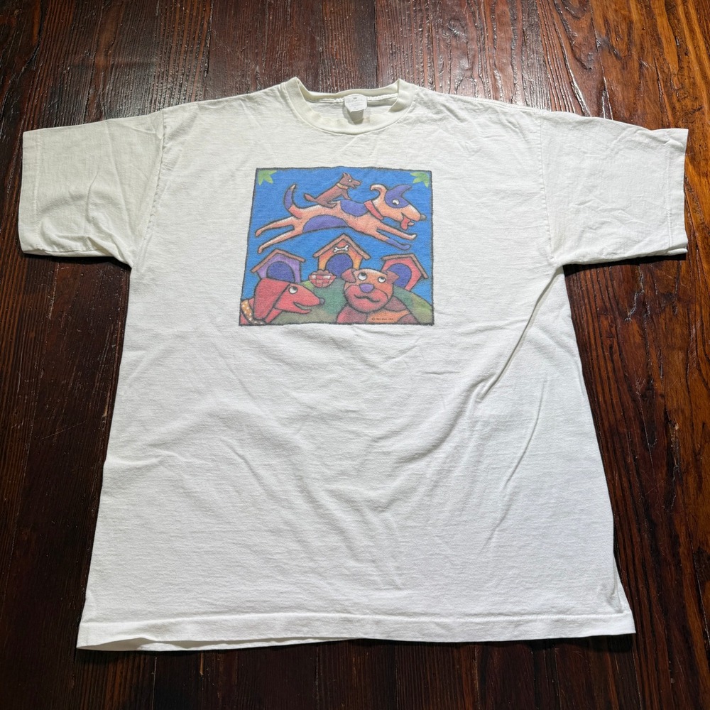 Vintage 1995 Dog Graphic Shirt Mens XL White Single Stitch Hallmark USA Made